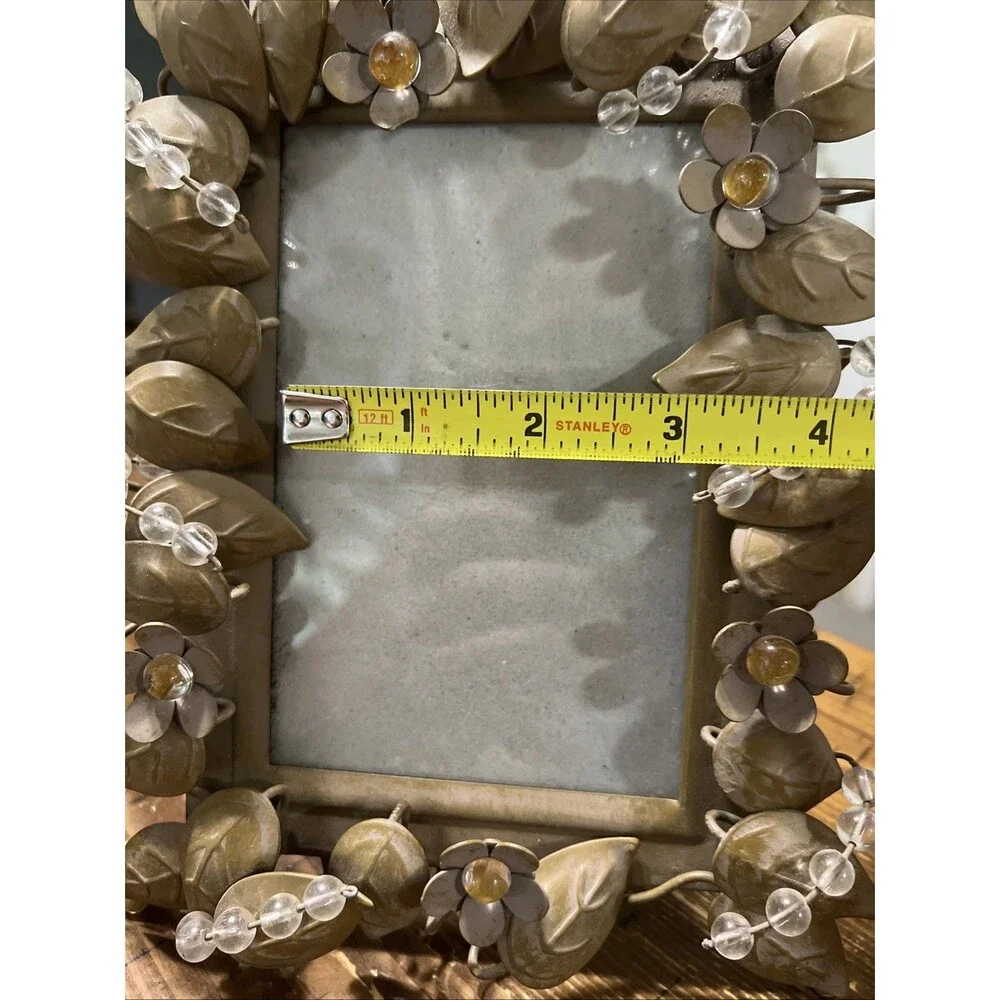 Partylite Rustic Golden Leaves Frame 4x6 Beaded Metalwork, Cottage core